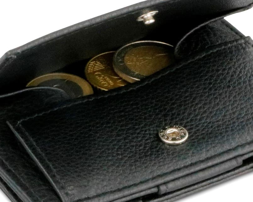 Back view of Cavare Magic Coin Wallet Card Sleeve Nappa in Raven Black with open coin pocket.