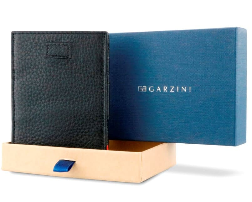 Half-open blue box with Garzini brand name Inside the box, the Raven Black wallet is wrapped in tissue paper, placed in a light cardboard box with a blue strap.