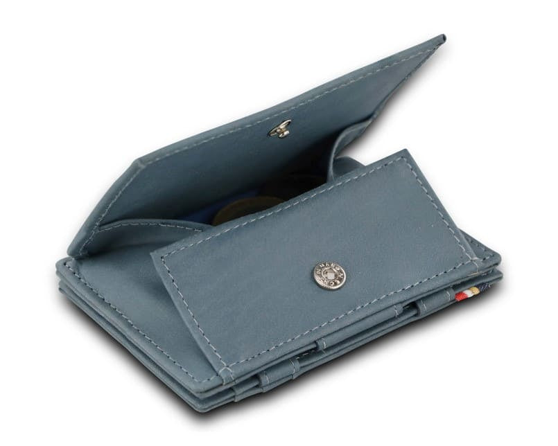 Back view of Cavare Magic Coin Wallet Card Sleeve Vintage in Sapphire Blue with open coin pocket.