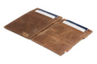 Front and back view of the Essenziale Magic Wallet Brushed in Brushed Brown with 3 front card slots and 2 cards on each side.