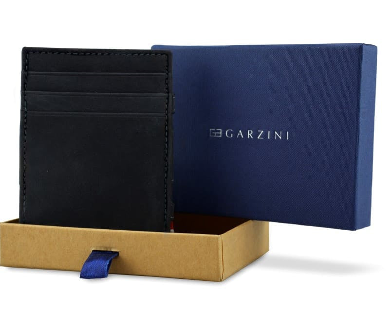 Half-open blue box with Garzini brand name Inside the box, the Carbon Black wallet is wrapped in tissue paper, placed in a light cardboard box with a blue strap.