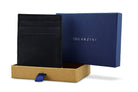 Half-open blue box with Garzini brand name Inside the box, the Carbon Black wallet is wrapped in tissue paper, placed in a light cardboard box with a blue strap.