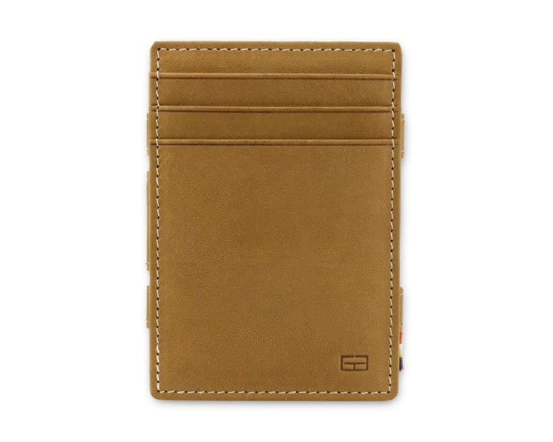 Front view of the Essenziale Magic Wallet Vintage in Camel Brown with 3 front card slots.