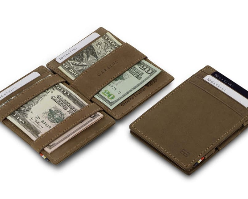 open view of the essenziale magic wallet with money inside and closed front view