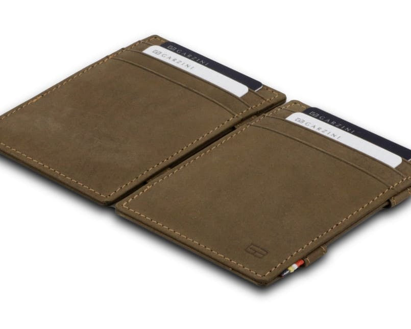 Front and back view of the Essenziale Magic Wallet Vintage in Java Brown with 3 front card slots and 2 cards on each side. 