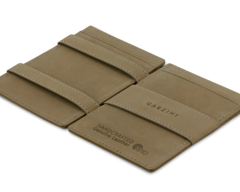 Open view of the Essenziale Magic Wallet Vintage in Metal Grey with the money strap to secure money.