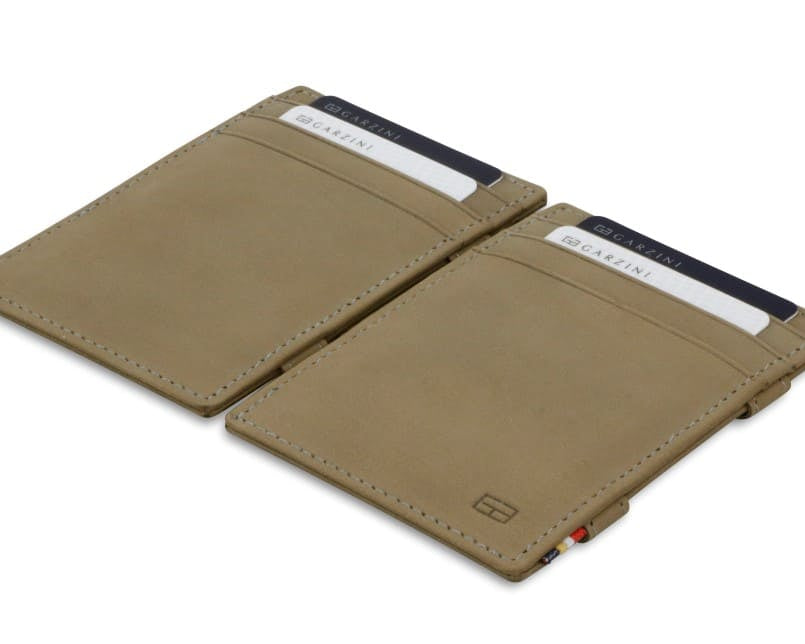 Front and back view of the Essenziale Magic Wallet Vintage in Metal Grey with 3 front card slots and 2 cards on each side.