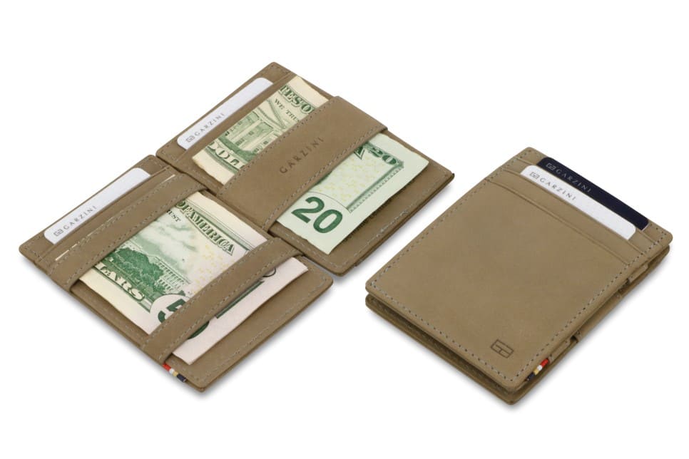 Front view of the Essenziale Magic Wallet Vintage in Metal Grey with 3 front card slots.