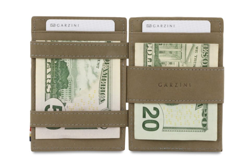 Open view of Essenziale Magic Wallet Vintage in Metal Grey with money inside.