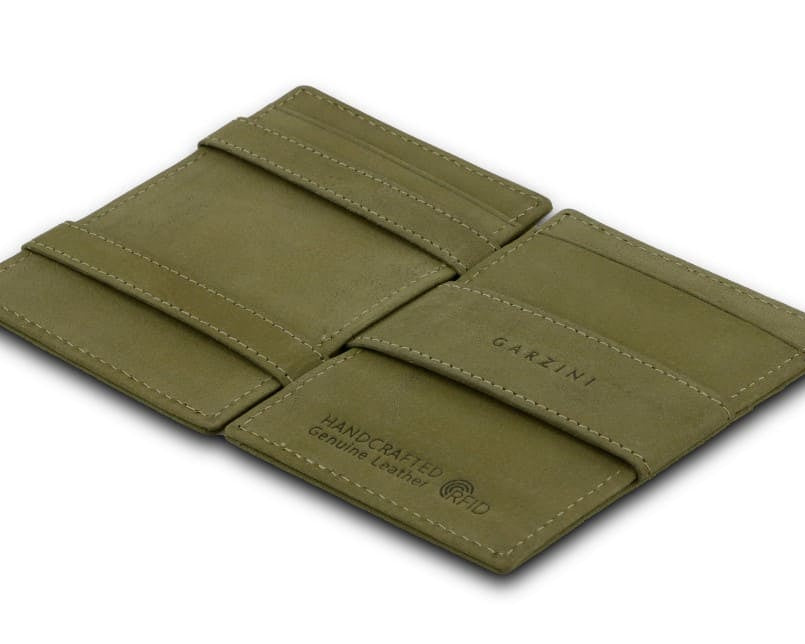 Open view of the Essenziale Magic Wallet Vintage in Olive Green with the money strap to secure money.