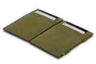 Front and back view of the Essenziale Magic Wallet Vintage in Olive Green with 3 front card slots and 2 cards on each side.