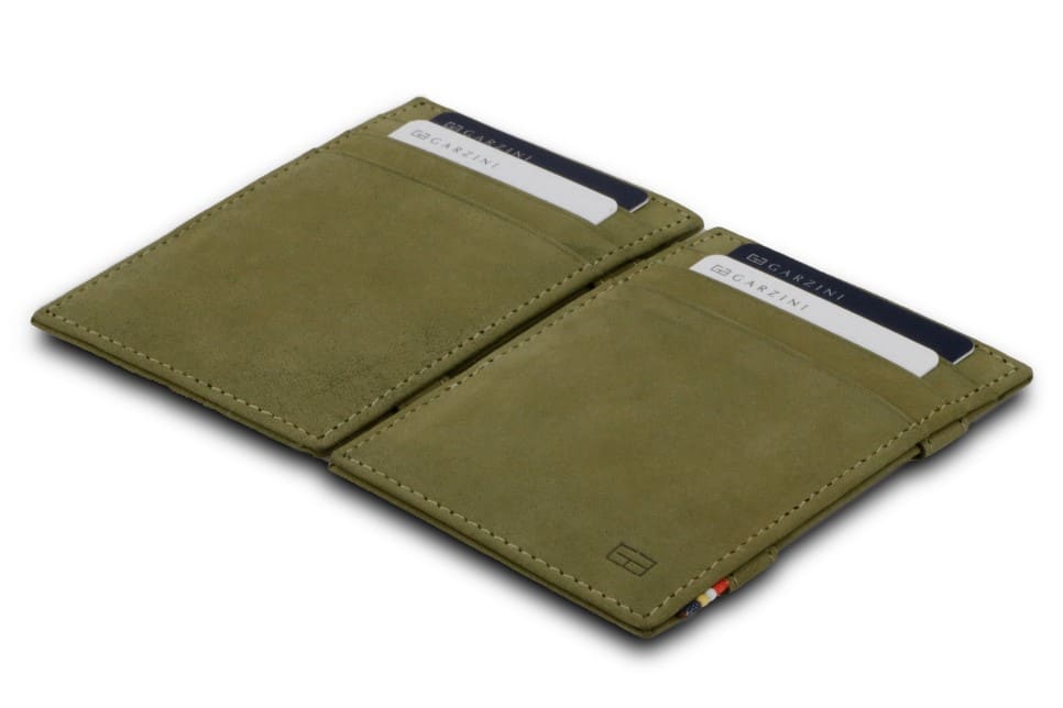 Front and back view of the Essenziale Magic Wallet Vintage in Olive Green with 3 front card slots and 2 cards on each side.