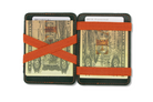Open view of the Urban  Magic Wallet in Green-Orange with money.