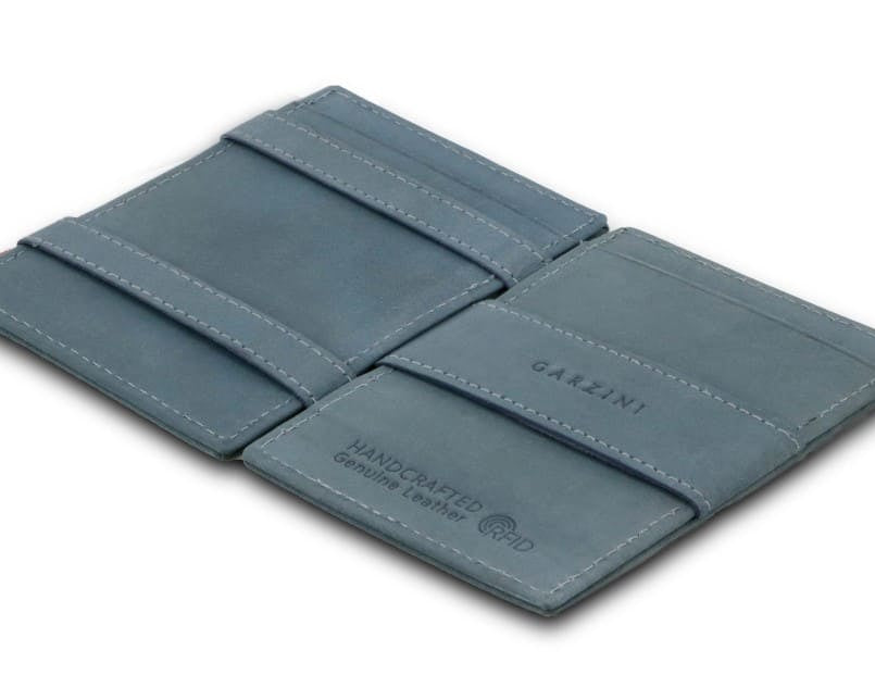 Open view of the Essenziale Magic Wallet Vintage in Sapphire Blue with the money strap to secure money.