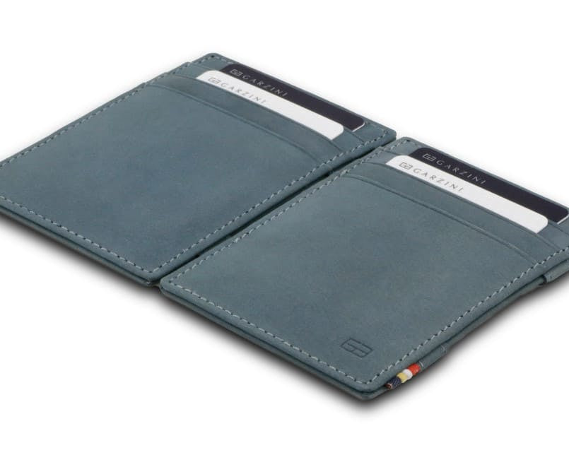 Front and back view of the Essenziale Magic Wallet Vintage in Sapphire Blue with 3 front card slots and 2 cards on each side.
