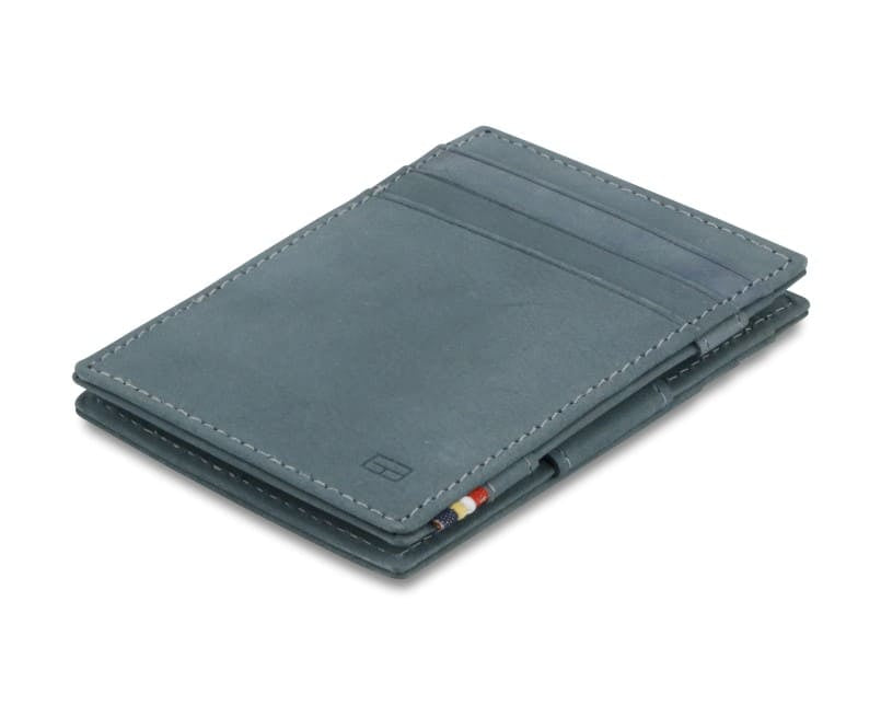 Front view of the Essenziale Magic Wallet Vintage in Sapphire Blue with 3 front card slots.