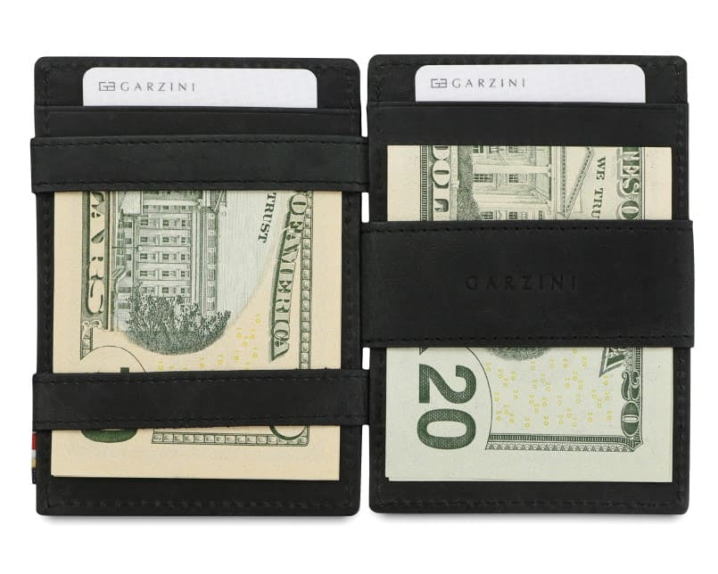 Open view of the Essenziale Magic Wallet ID Window Brushed in Brushed Black with money inside.