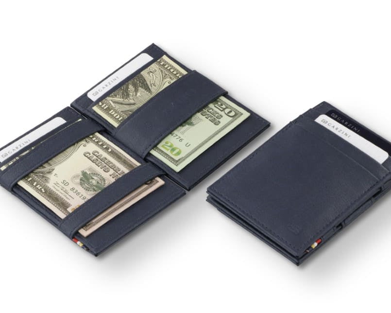 Front and open view of the Essenziale Magic Wallet ID Window Vegan in Cactus Blue with pull tab, coin pocket, and money straps.