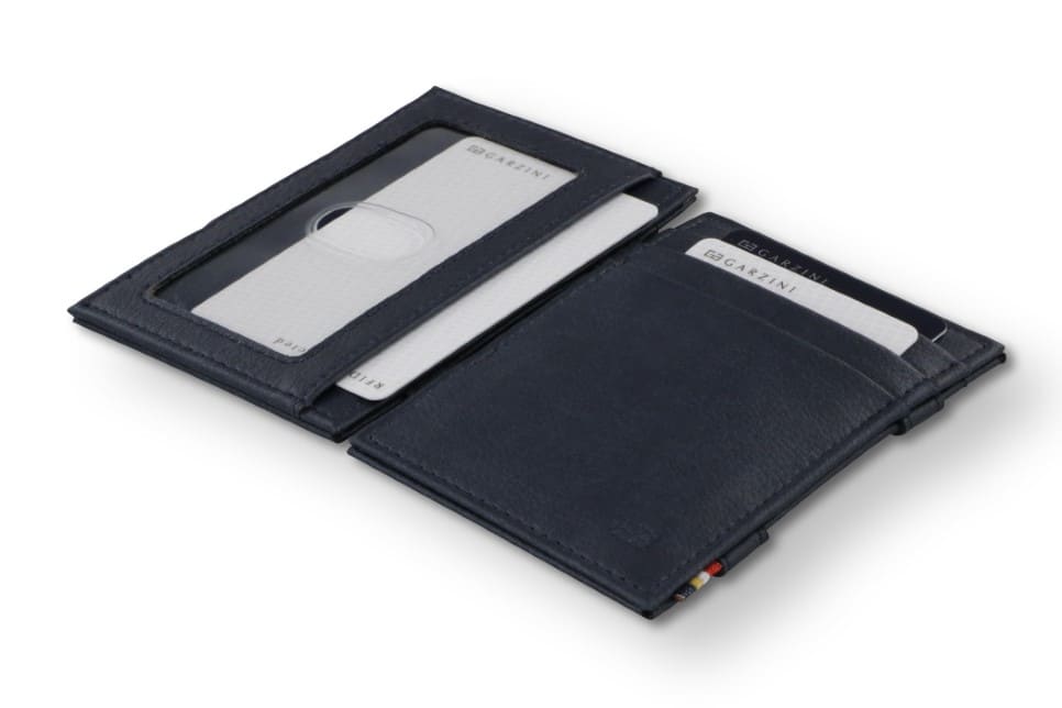 Front and back view of the Essenziale Magic Wallet ID Window Vegan in Cactus Blue with a card inside the ID window and 2 cards in the card slots.