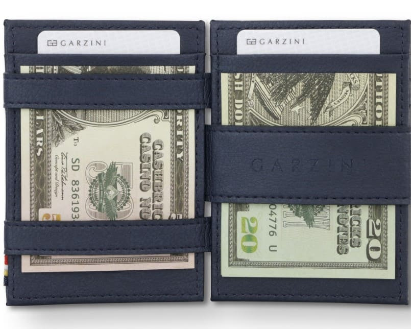 Open view of the Essenziale Magic Wallet ID Window Vegan in Cactus Blue with money inside.