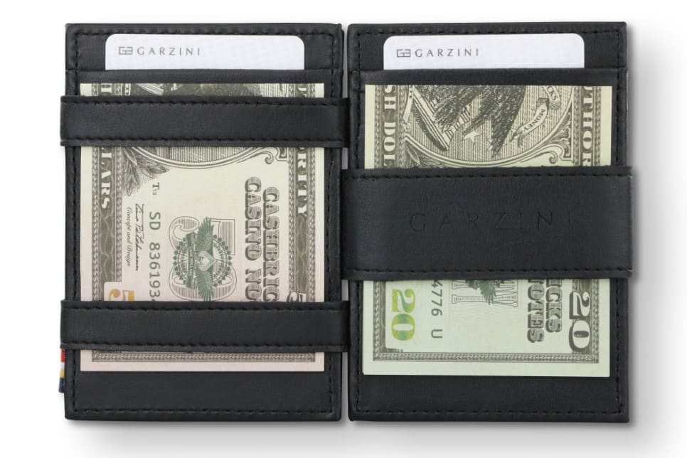 Open view of the Essenziale Magic Wallet ID Window Vegan in Cactus Black with money inside.