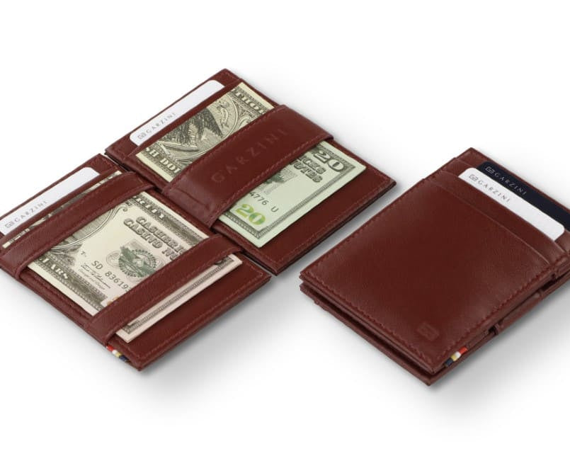 Front and open view of the Essenziale Magic Wallet ID Window Vegan in Cactus Burgundy with pull tab, coin pocket, and money straps.