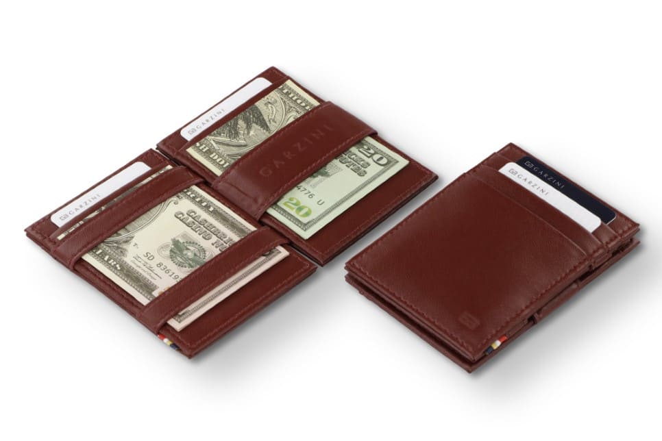 Front and open view of the Essenziale Magic Wallet ID Window Vegan in Cactus Burgundy with pull tab, coin pocket, and money straps.