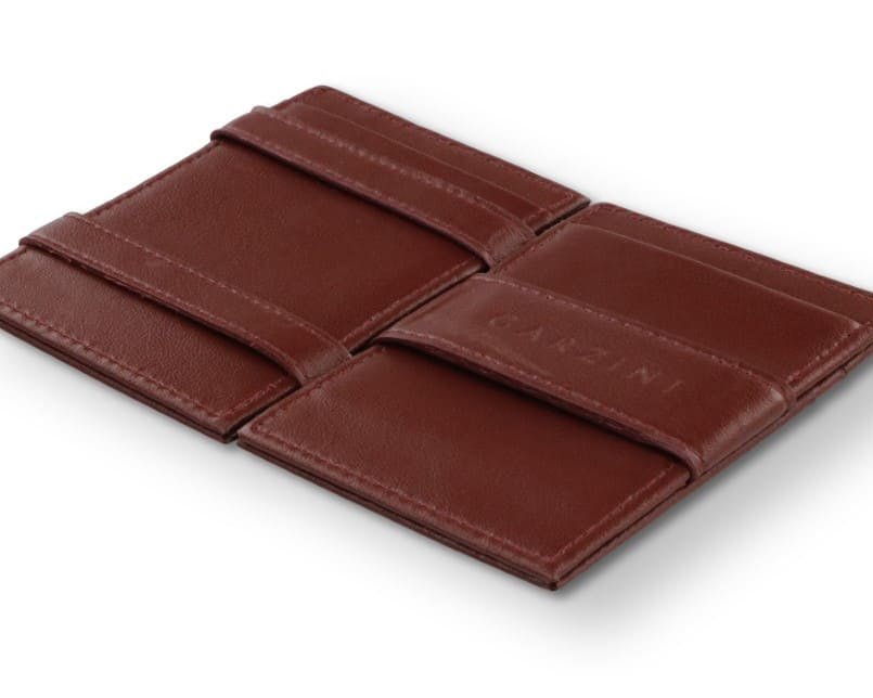 Open view of the Essenziale Magic Wallet ID Window Vegan in Cactus Burgundy with the money strap to secure money.