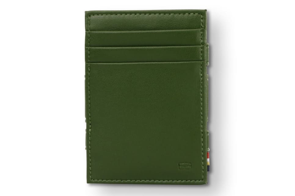 Front view of the Essenziale Magic Wallet ID Window Vegan in Cactus Green with 3 front card slots.