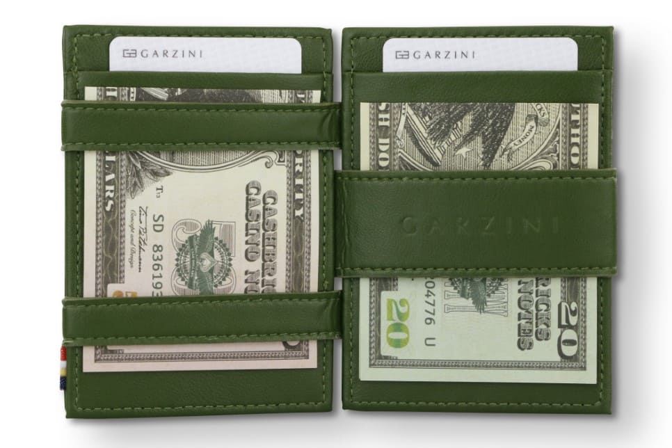 Open view of the Essenziale Magic Wallet ID Window Vegan in Cactus Green with money inside.