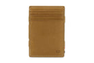 Front view of the Essenziale Magic Wallet ID Window Vintage in Camel Brown with 3 front card slots.
