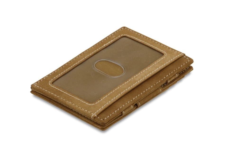Back view of Essenziale Magic Wallet ID Window Vintage in Camel Brown with an ID window.