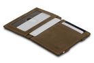 Front and back view of the Essenziale Magic Wallet ID Window Vintage in Java Brown with a card inside the ID window and 2 cards in the card slots.