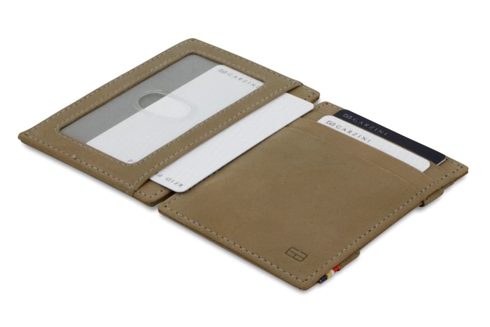 Front and back view of the Essenziale Magic Wallet ID Window Vintage in Metal Grey with a card inside the ID window and 2 cards in the card slots.