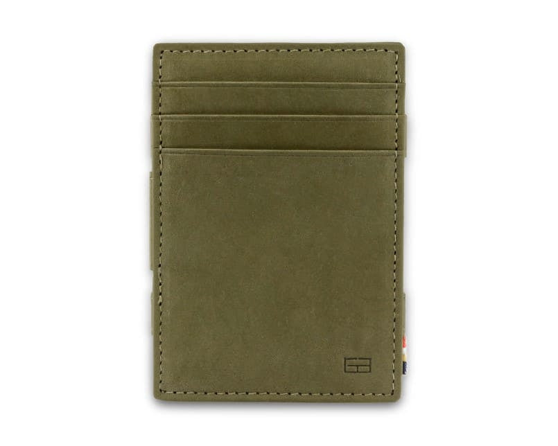 Front view of the Essenziale Magic Wallet ID Window Vintage in Olive Green with 3 front card slots.