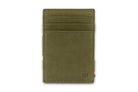 Front view of the Essenziale Magic Wallet ID Window Vintage in Olive Green with 3 front card slots.