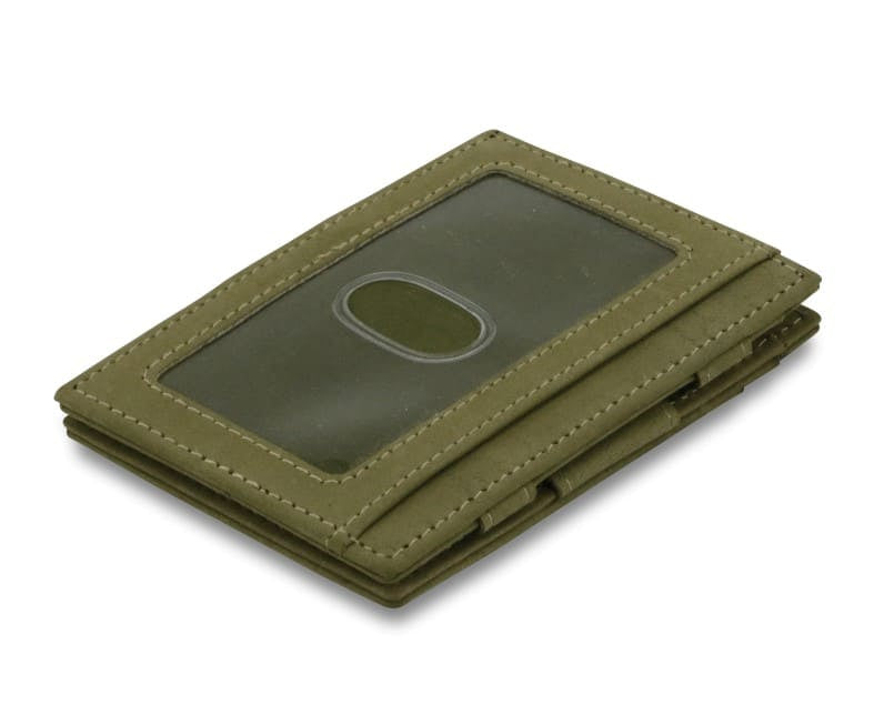 Back view of Essenziale Magic Wallet ID Window Vintage in Olive Green with an ID window.