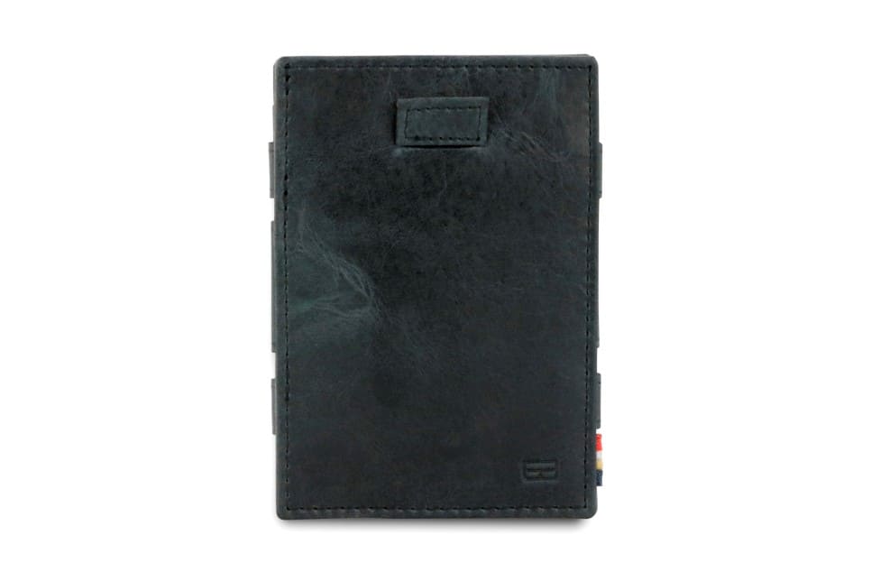 Front view of Cavare Magic Wallet Brushed in Brushed Black with pull tab.