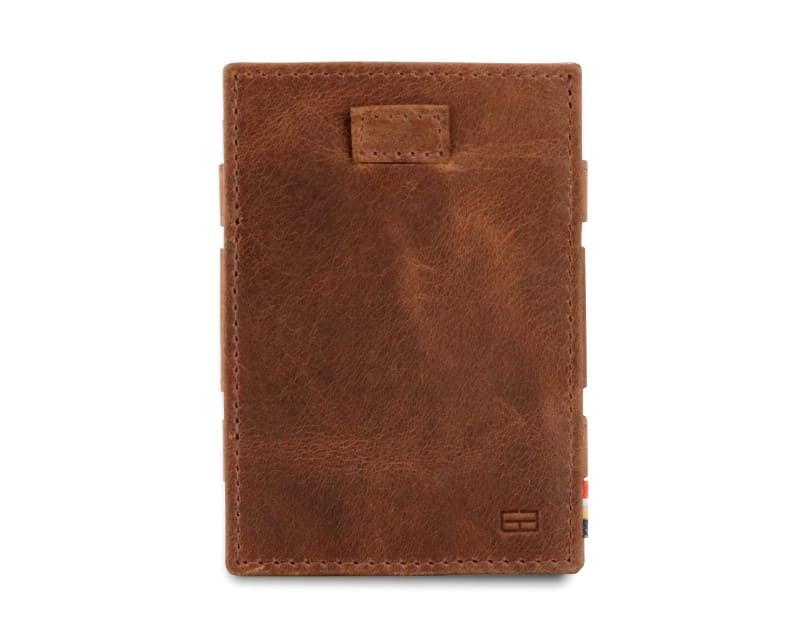 Front view of Cavare Magic Wallet Brushed in Brushed Brown with pull tab.