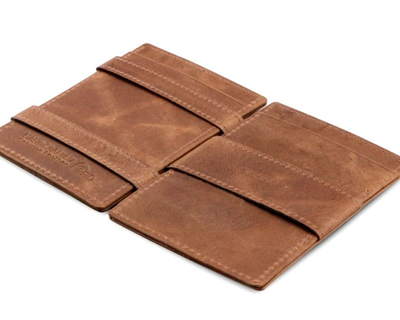 Open Cavare Magic Wallet Brushed in Brushed Brown with pull tab, and money straps.