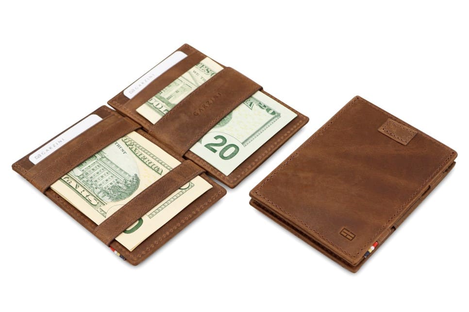 Front and open view of Cavare Magic Wallet in Brushed Brown with pull tab, and money straps.