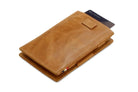 Front view of Cavare Magic Wallet Brushed in Brushed Cognac with pull tab and card pulling out.