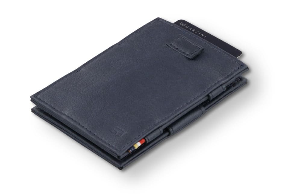 Front view of Cavare Magic Wallet Card Sleeve Cactus in Cactus Blue with pull tab and card pulling out.