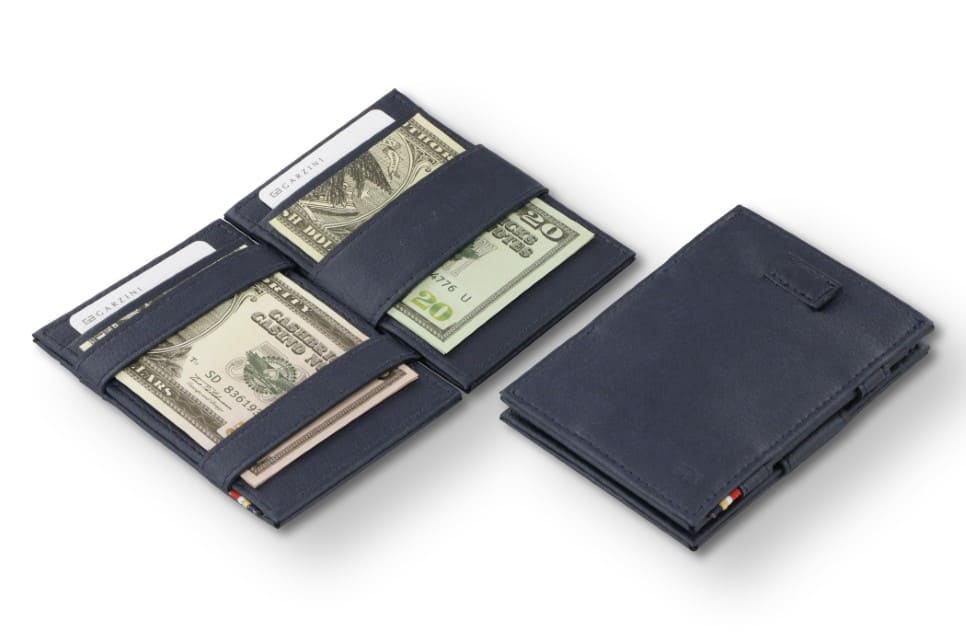 Open view of the Cavare Magic Wallet Card Sleeve Cactus in Cactus Blue with money inside and Front view of Cavare Magic Wallet Card Sleeve Cactus in Cactus Blue with pull tab.