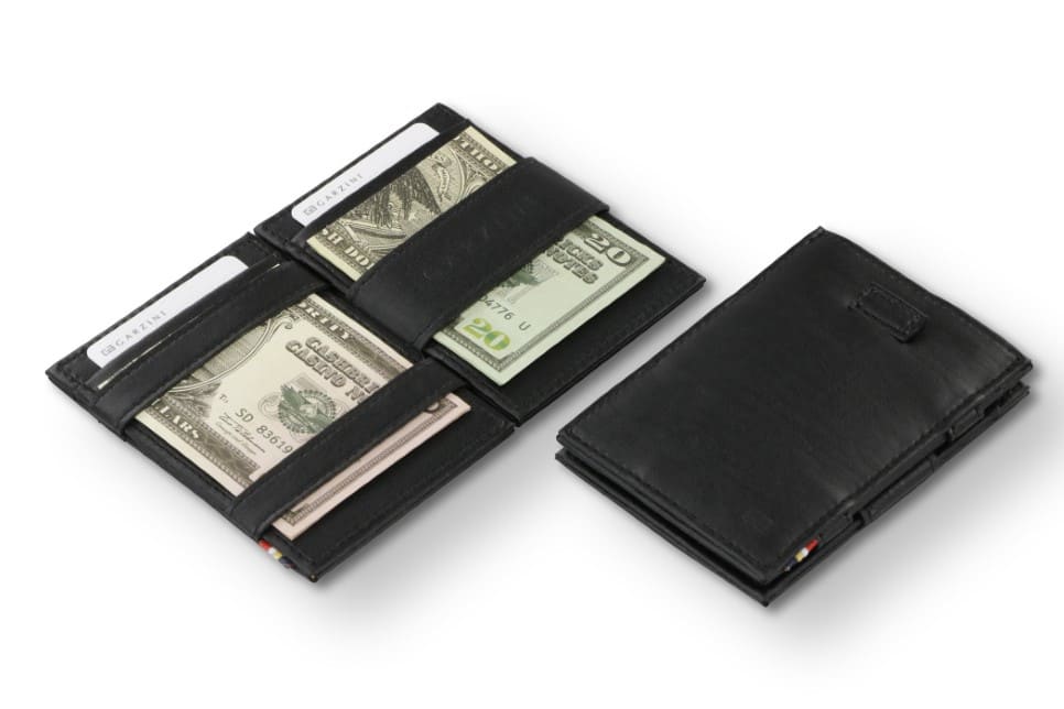 Open view of the Cavare Magic Wallet Card Sleeve Cactus in Cactus Black with money inside and Front view of Cavare Magic Wallet Card Sleeve Cactus in Cactus Black with pull tab.