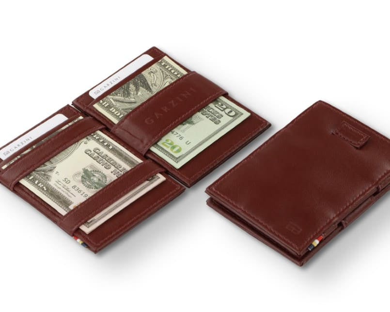 Open view of the Cavare Magic Wallet Card Sleeve Cactus in Cactus Burgundy with money inside and Front view of Cavare Magic Wallet Card Sleeve Cactus in Cactus Burgundy with pull tab.