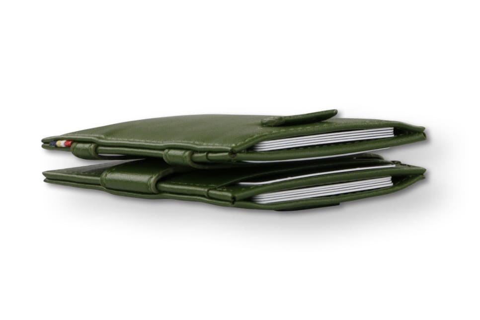 Side view of the Cavare Magic Wallet Card Sleeve Cactus in Cactus Green with cards inside.