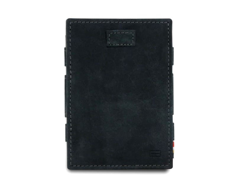 Front view of Cavare Magic Wallet Vintage in Carbon Black with pull tab.