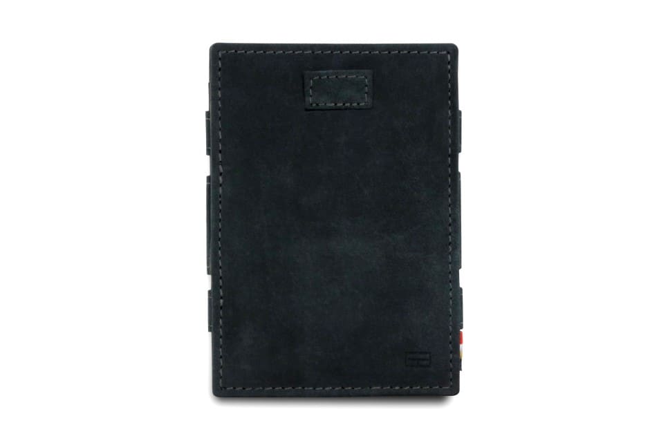 Front view of Cavare Magic Wallet Vintage in Carbon Black with pull tab.