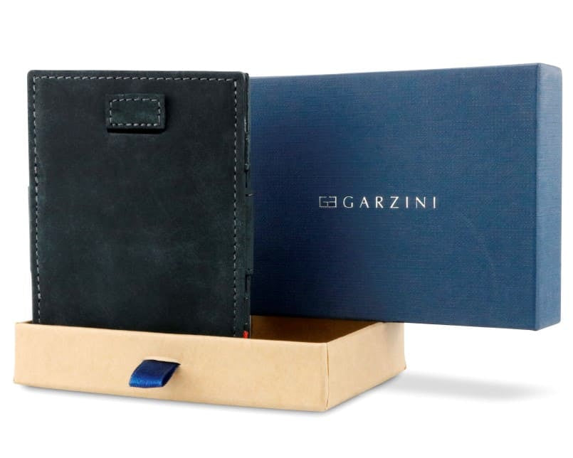 Half-open blue box with Garzini brand name Inside the box, the Carbon Black wallet is wrapped in tissue paper, placed in a light cardboard box with a blue strap.